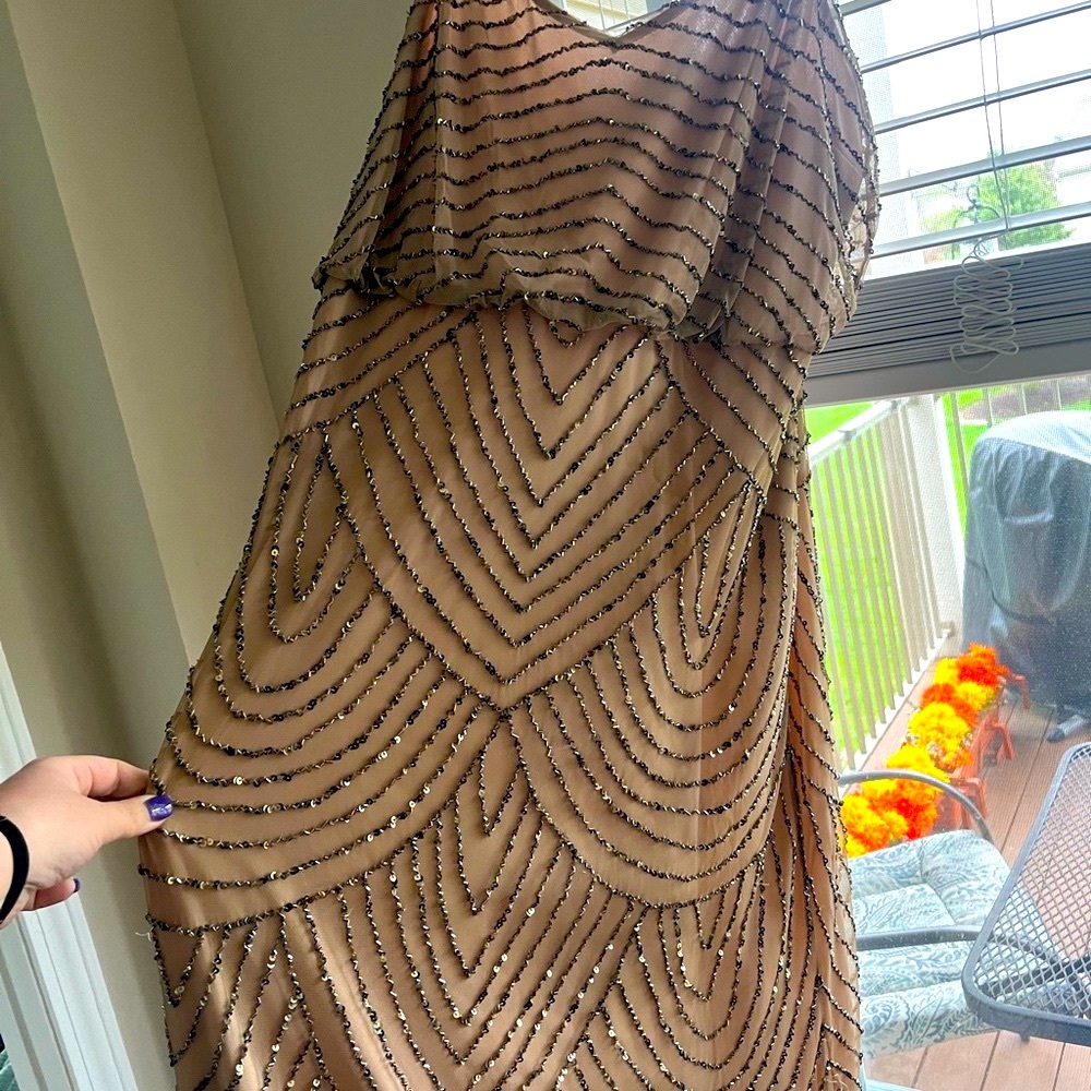 Elegant Champagne Maxi Dress with Geometric Pattern